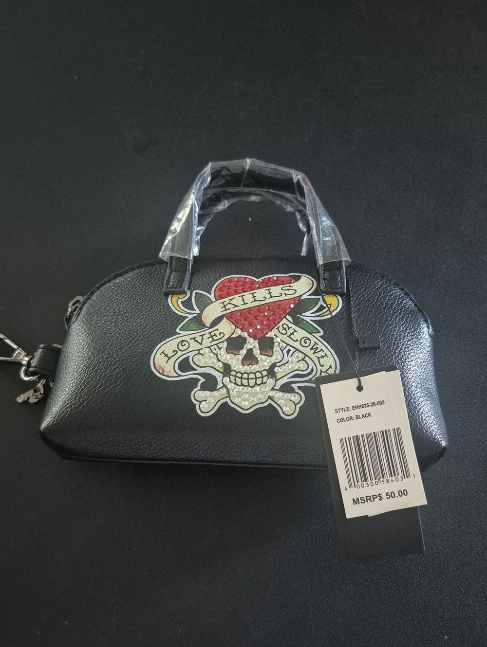 Ed Hardy Black Red Bling Skull & Heart Dome Satchel Handbag